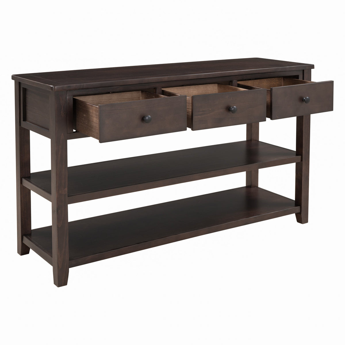 Retro Design Console Table with Two Open Shelves, Pine Solid Wood Frame and Legs for Living Room (Espresso) - B&B Forest Products
