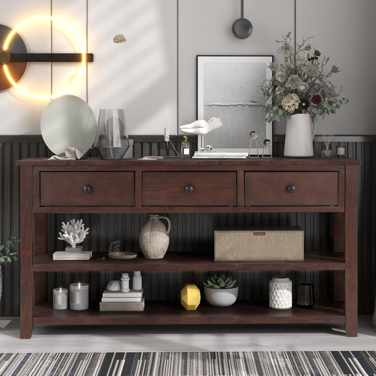 Retro Design Console Table with Two Open Shelves, Pine Solid Wood Frame and Legs for Living Room (Espresso) - B&B Forest Products