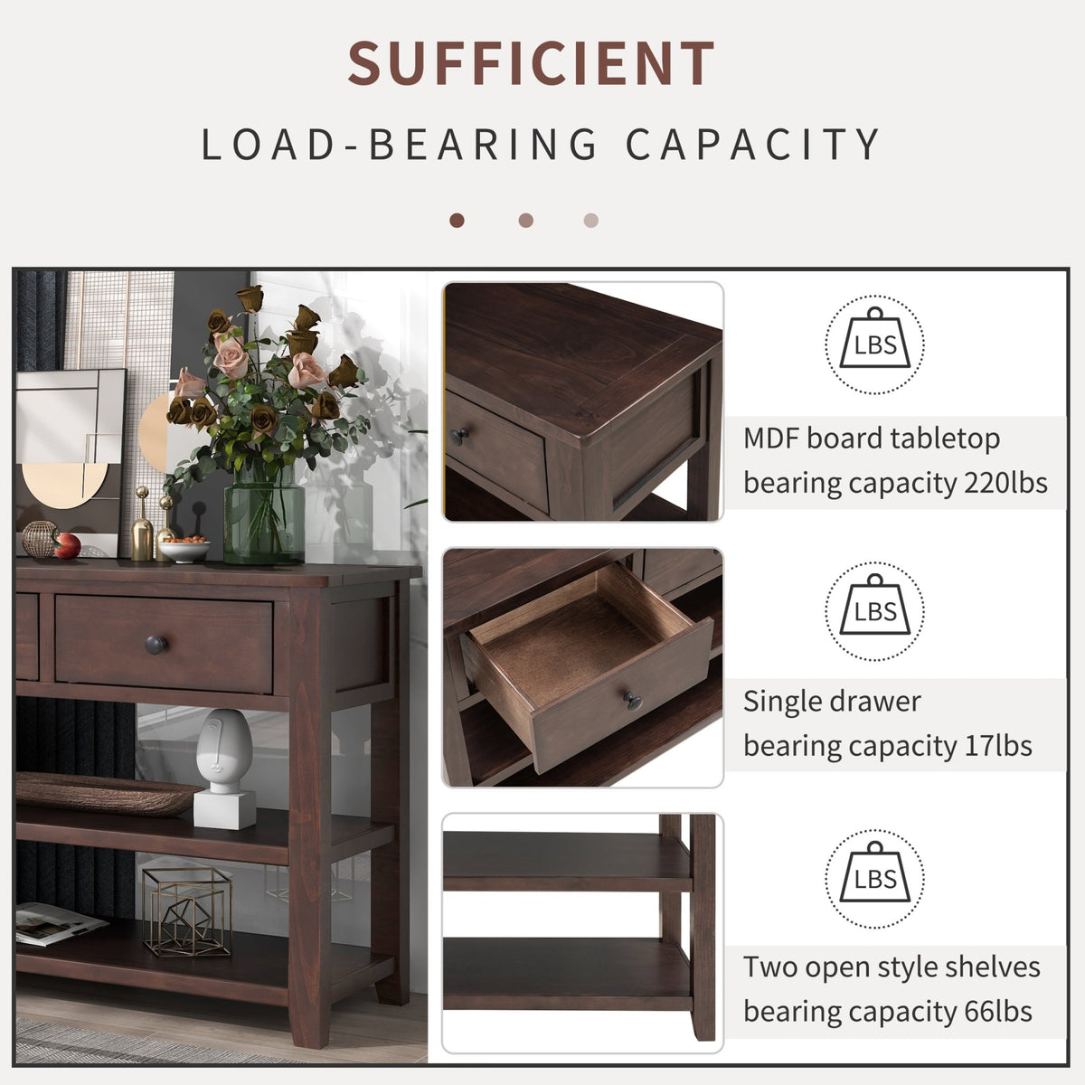 Retro Design Console Table with Two Open Shelves, Pine Solid Wood Frame and Legs for Living Room (Espresso) - B&B Forest Products