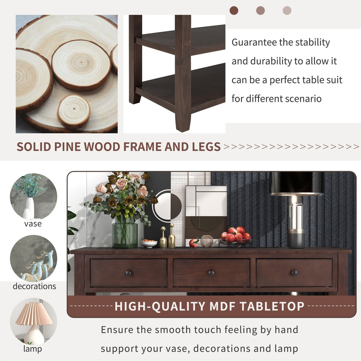 Retro Design Console Table with Two Open Shelves, Pine Solid Wood Frame and Legs for Living Room (Espresso) - B&B Forest Products