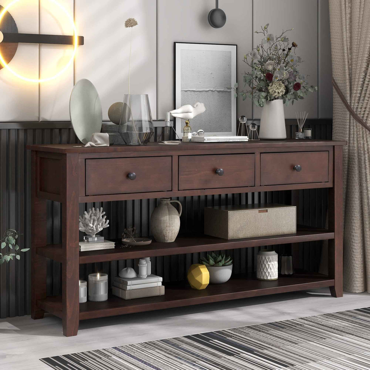 Retro Design Console Table with Two Open Shelves, Pine Solid Wood Frame and Legs for Living Room (Espresso) - B&B Forest Products