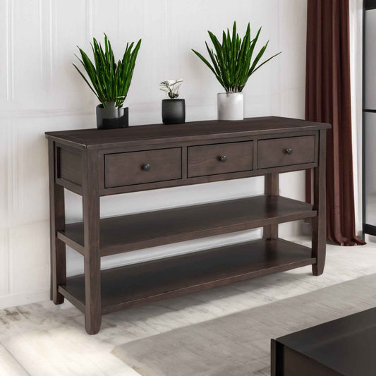Retro Design Console Table with Two Open Shelves, Pine Solid Wood Frame and Legs for Living Room (Espresso) - B&B Forest Products