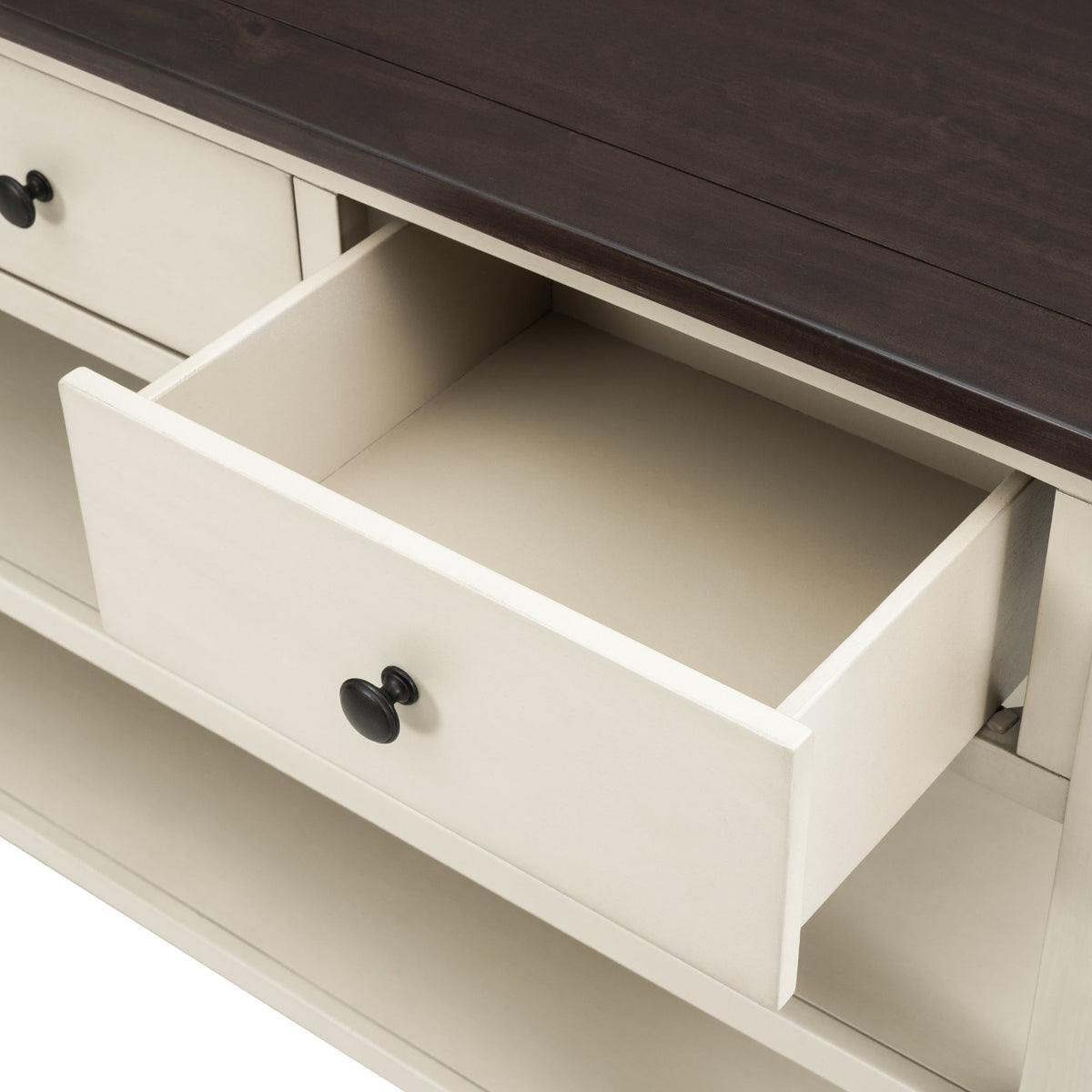 Retro Design Console Table with Two Open Shelves, Pine Solid Wood Frame and Legs for Living Room (Espresso+Beige) - B&B Forest Products