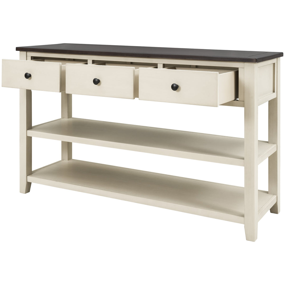 Retro Design Console Table with Two Open Shelves, Pine Solid Wood Frame and Legs for Living Room (Espresso+Beige) - B&B Forest Products