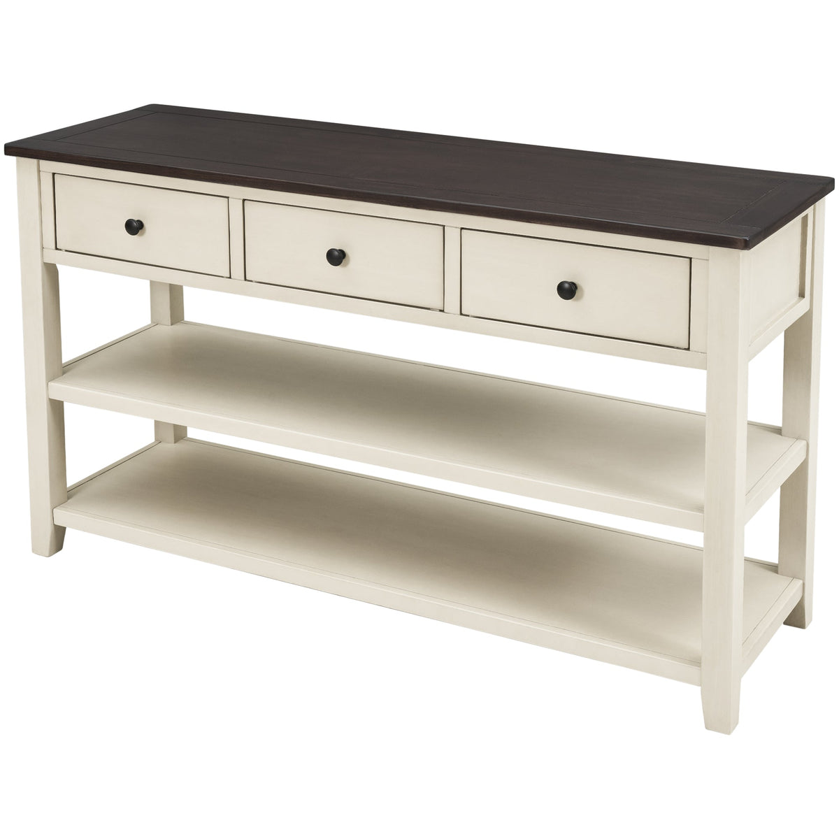 Retro Design Console Table with Two Open Shelves, Pine Solid Wood Frame and Legs for Living Room (Espresso+Beige) - B&B Forest Products
