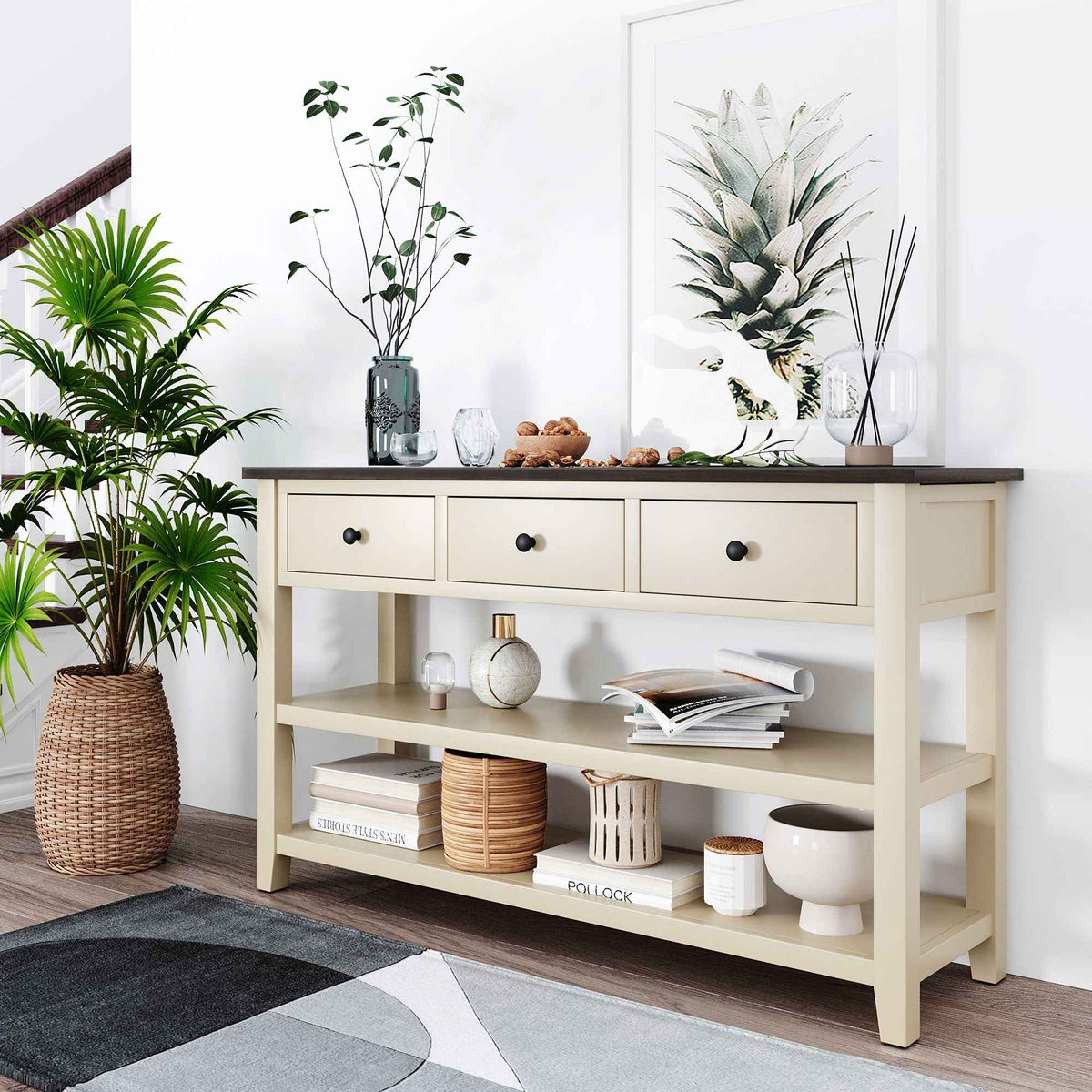 Retro Design Console Table with Two Open Shelves, Pine Solid Wood Frame and Legs for Living Room (Espresso+Beige) - B&B Forest Products