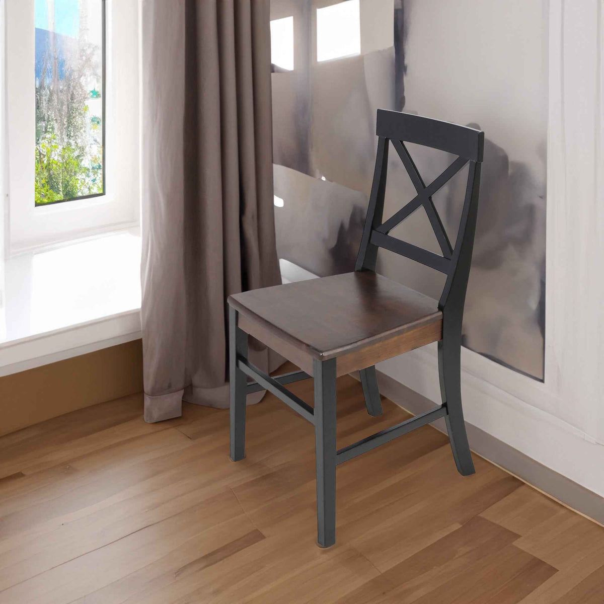 Roshan Farmhouse Acacia Wood Dining Chairs, Black / Walnut (Set of 2) - B&B Forest Products