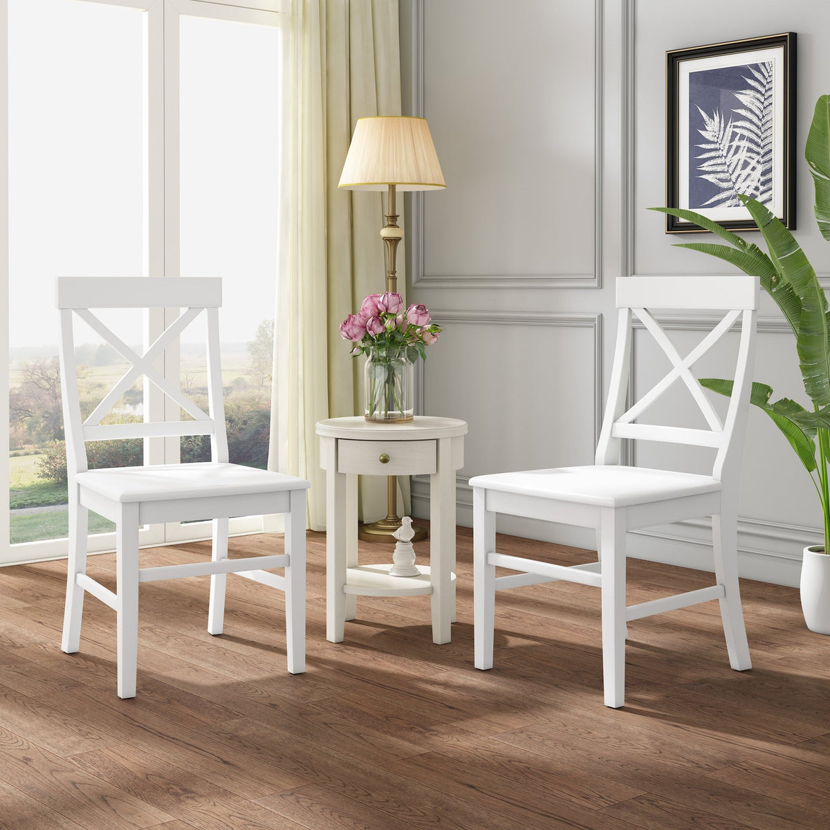Roshan Farmhouse Acacia Wood Dining Chairs, White (Set of 2) - B&B Forest Products