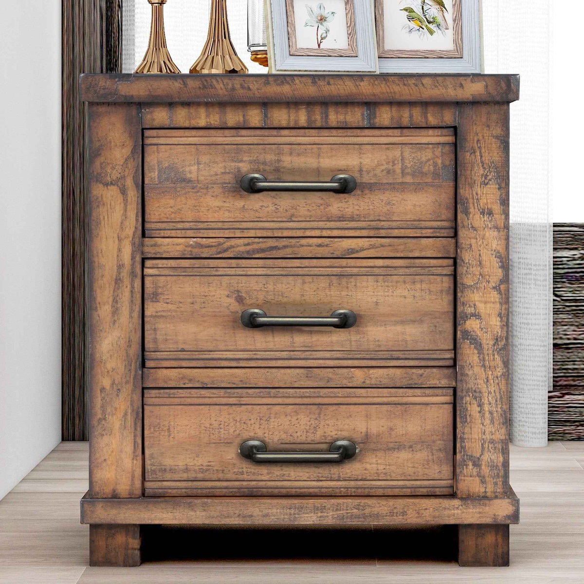 Rustic Three Drawer Reclaimed Solid Wood Framhouse Nightstand - B&B Forest Products