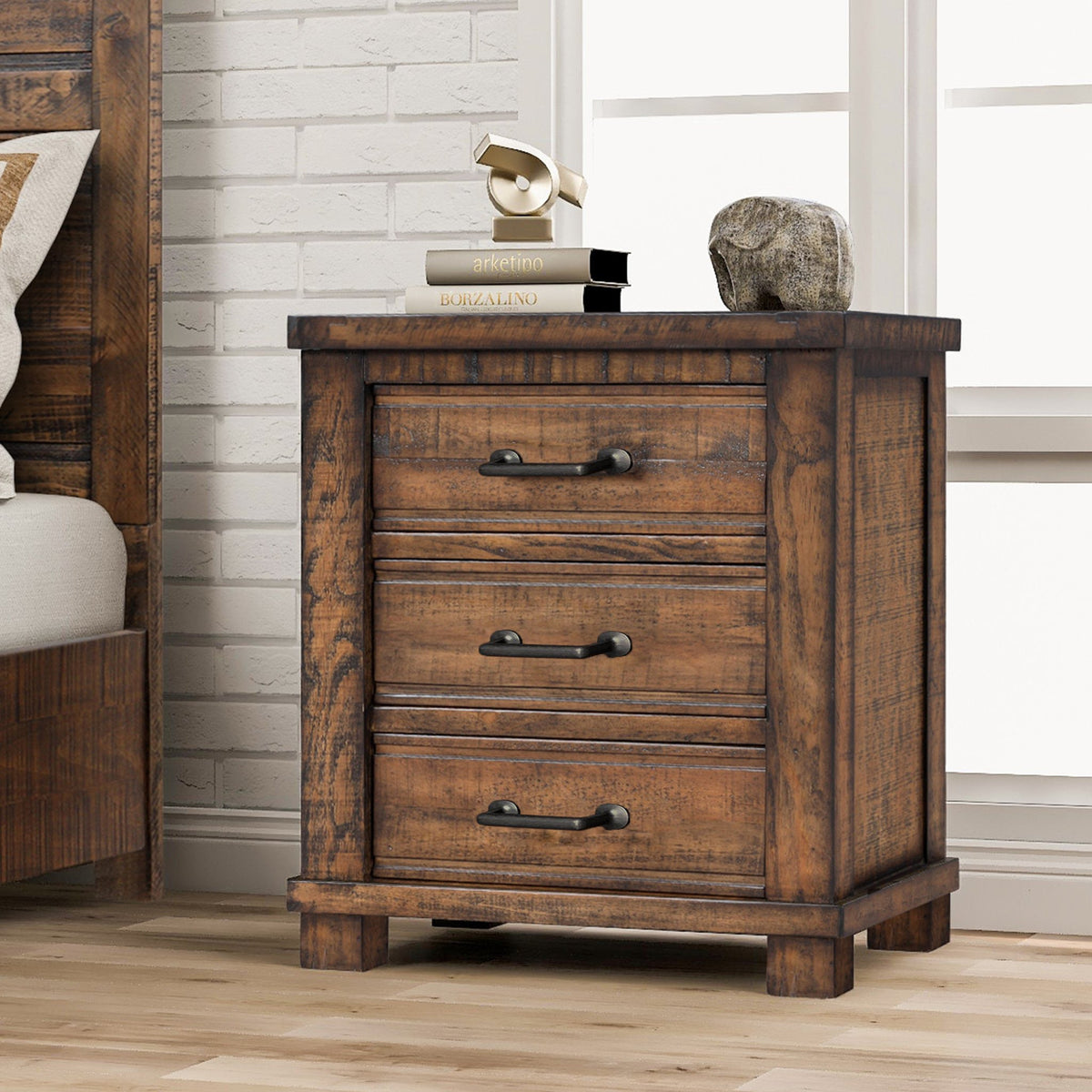 Rustic Three Drawer Reclaimed Solid Wood Framhouse Nightstand - B&B Forest Products