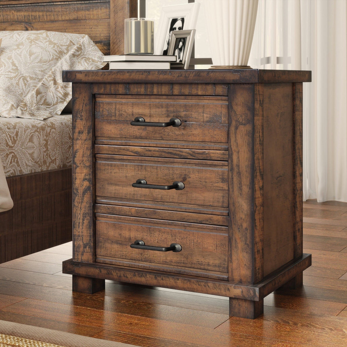Rustic Three Drawer Reclaimed Solid Wood Framhouse Nightstand - B&B Forest Products