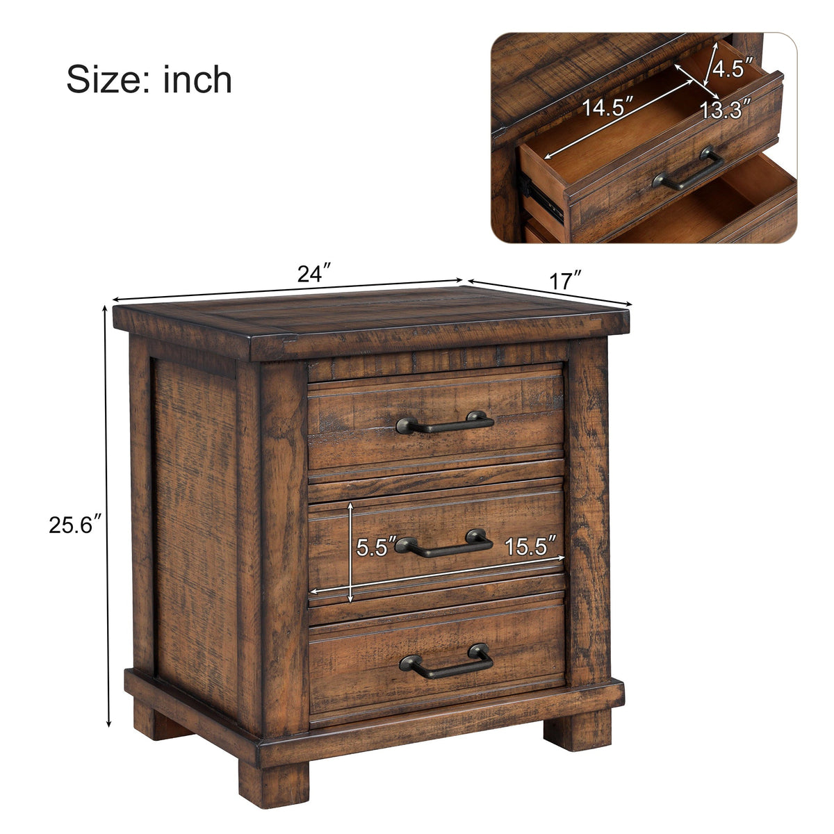 Rustic Three Drawer Reclaimed Solid Wood Framhouse Nightstand - B&B Forest Products