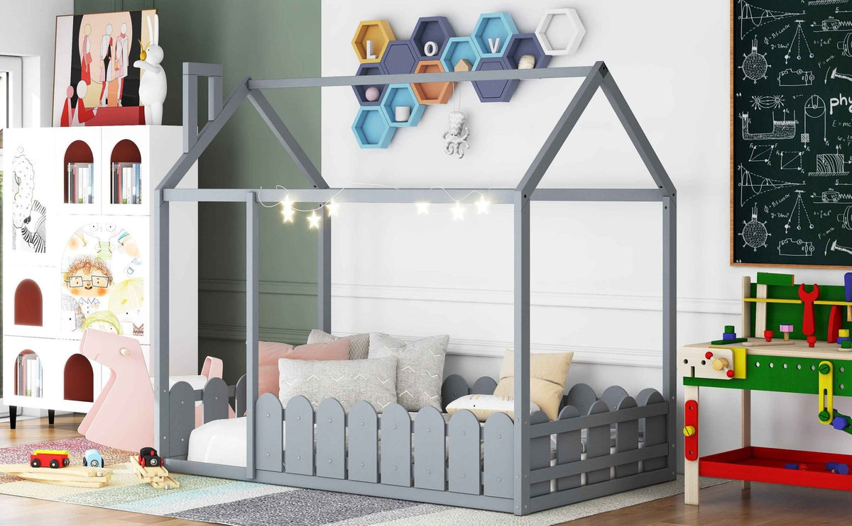 {Slats are not included}Twin Size Wood Bed House Bed Frame with Fence for Kids Teens Girls Boys {Gray} - B&B Forest Products