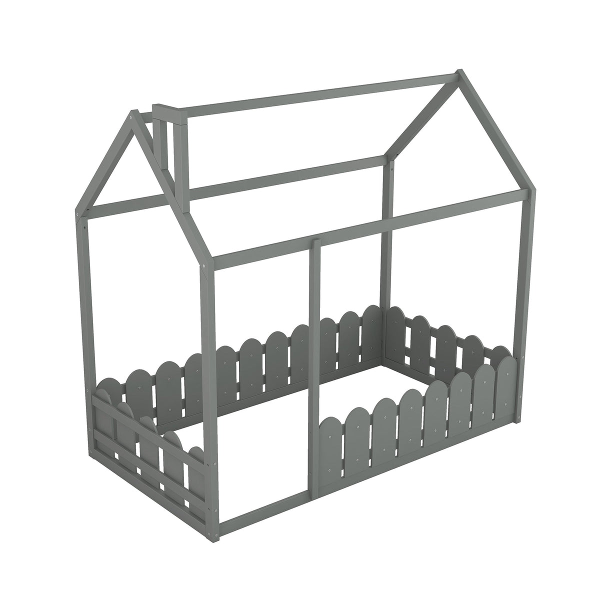 {Slats are not included}Twin Size Wood Bed House Bed Frame with Fence for Kids Teens Girls Boys {Gray} - B&B Forest Products