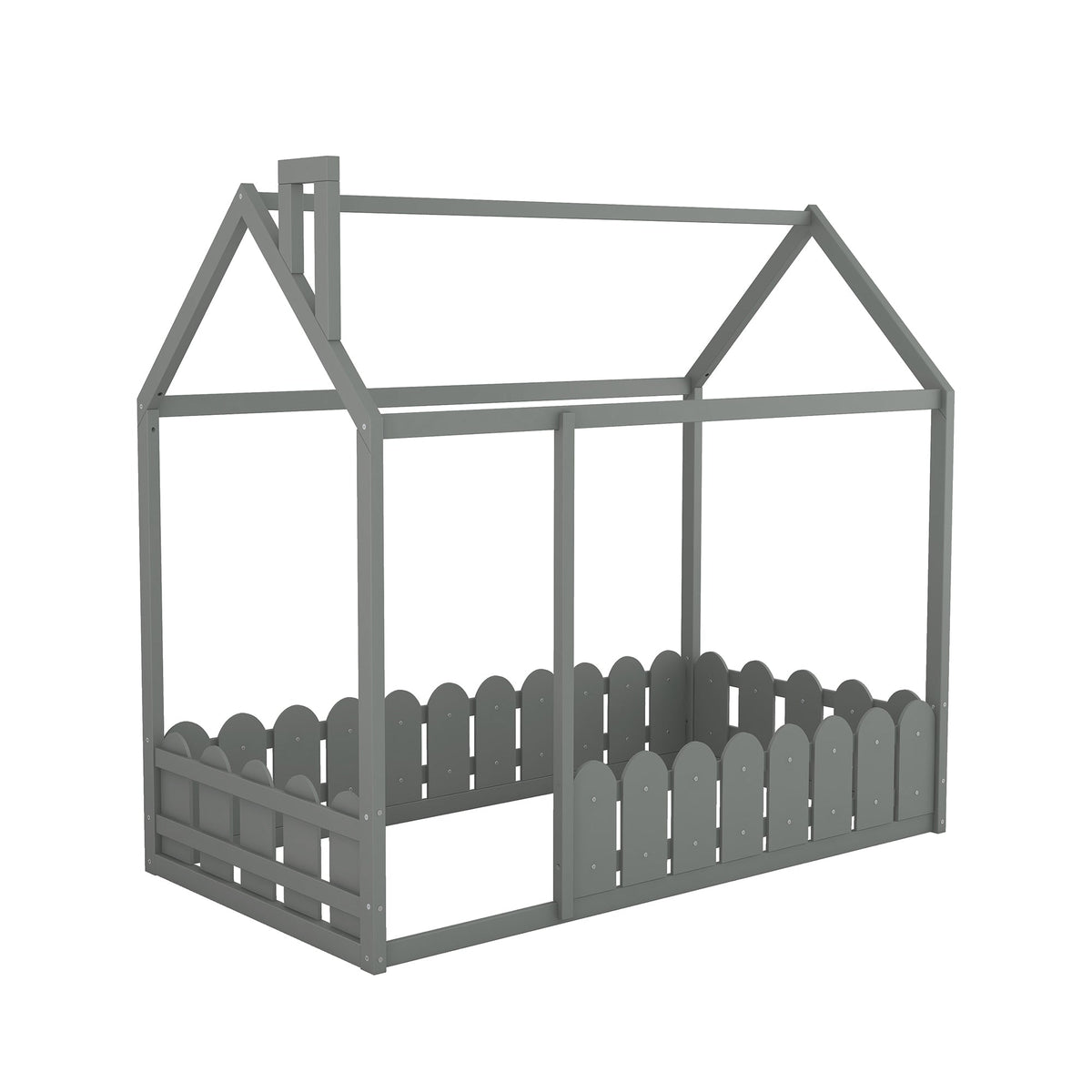{Slats are not included}Twin Size Wood Bed House Bed Frame with Fence for Kids Teens Girls Boys {Gray} - B&B Forest Products