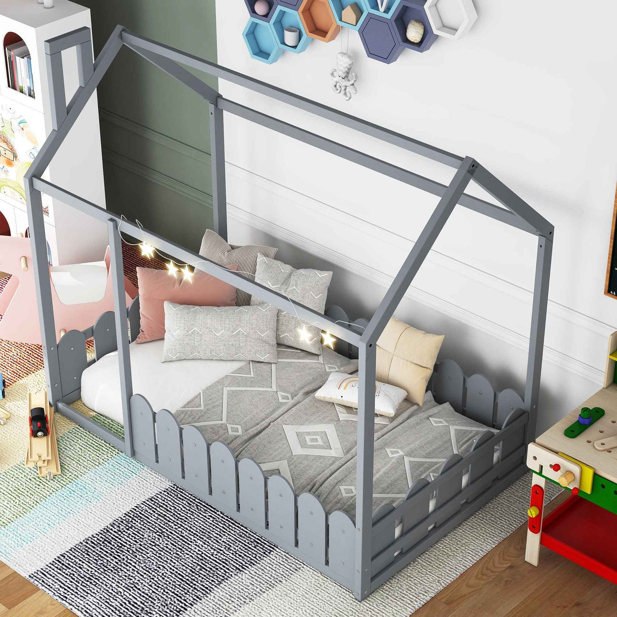 {Slats are not included}Twin Size Wood Bed House Bed Frame with Fence for Kids Teens Girls Boys {Gray} - B&B Forest Products