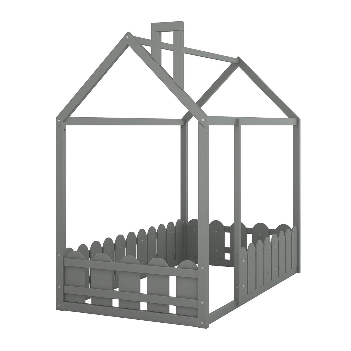 {Slats are not included}Twin Size Wood Bed House Bed Frame with Fence for Kids Teens Girls Boys {Gray} - B&B Forest Products