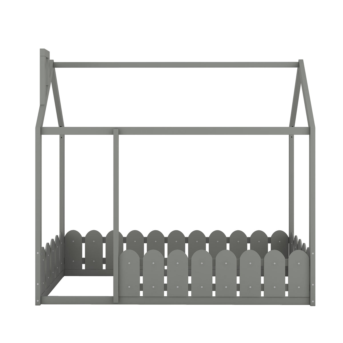 {Slats are not included}Twin Size Wood Bed House Bed Frame with Fence for Kids Teens Girls Boys {Gray} - B&B Forest Products