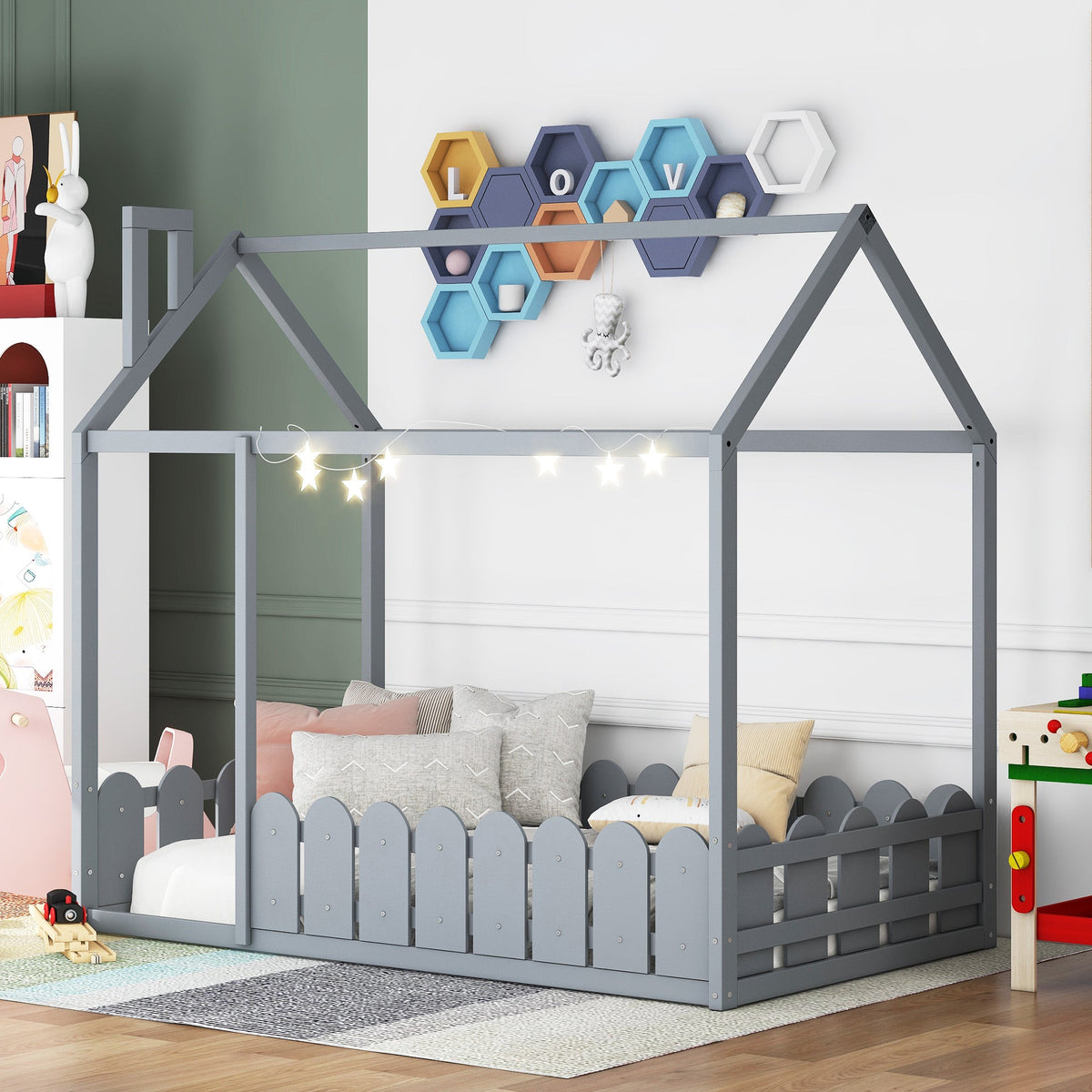 {Slats are not included}Twin Size Wood Bed House Bed Frame with Fence for Kids Teens Girls Boys {Gray} - B&B Forest Products