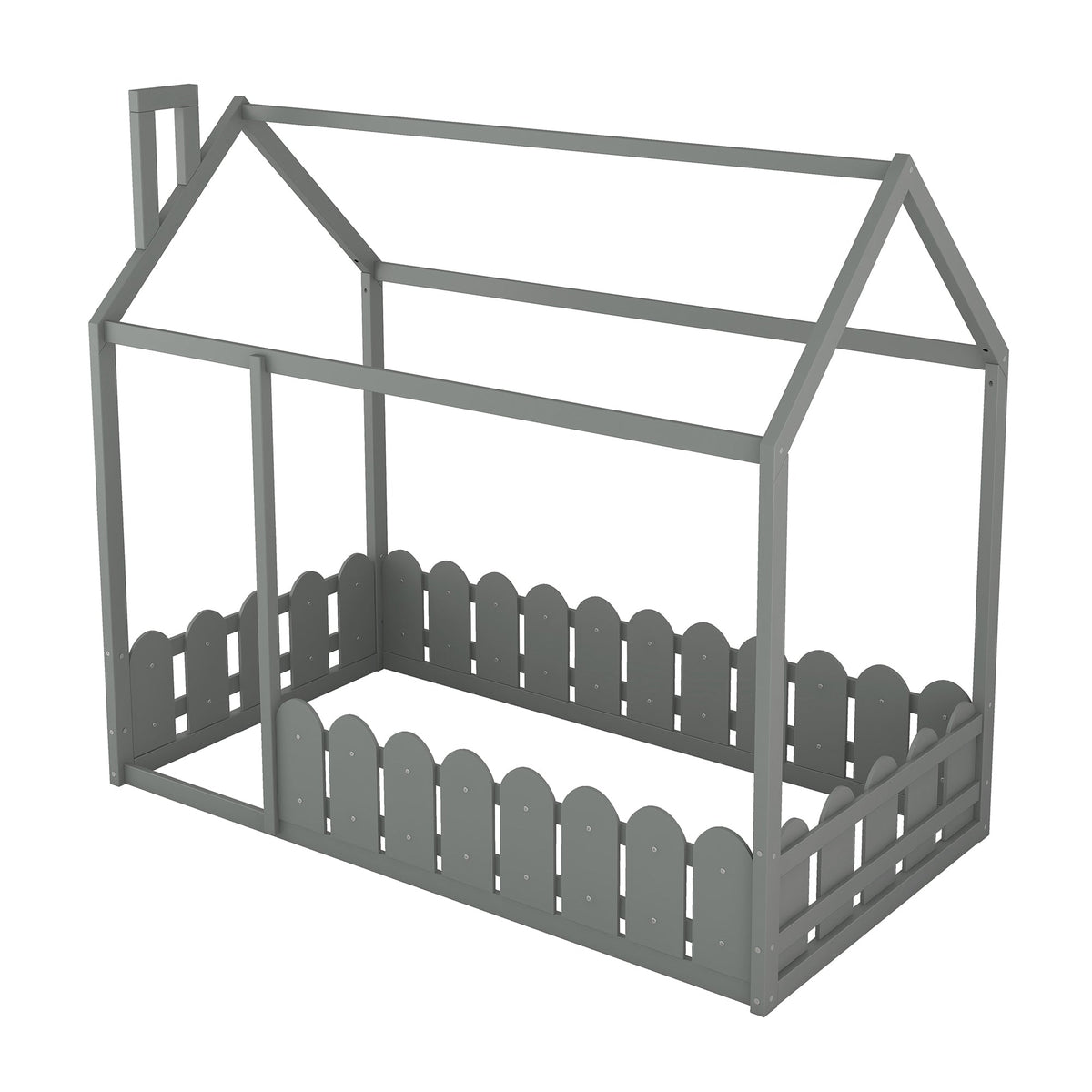 {Slats are not included}Twin Size Wood Bed House Bed Frame with Fence for Kids Teens Girls Boys {Gray} - B&B Forest Products