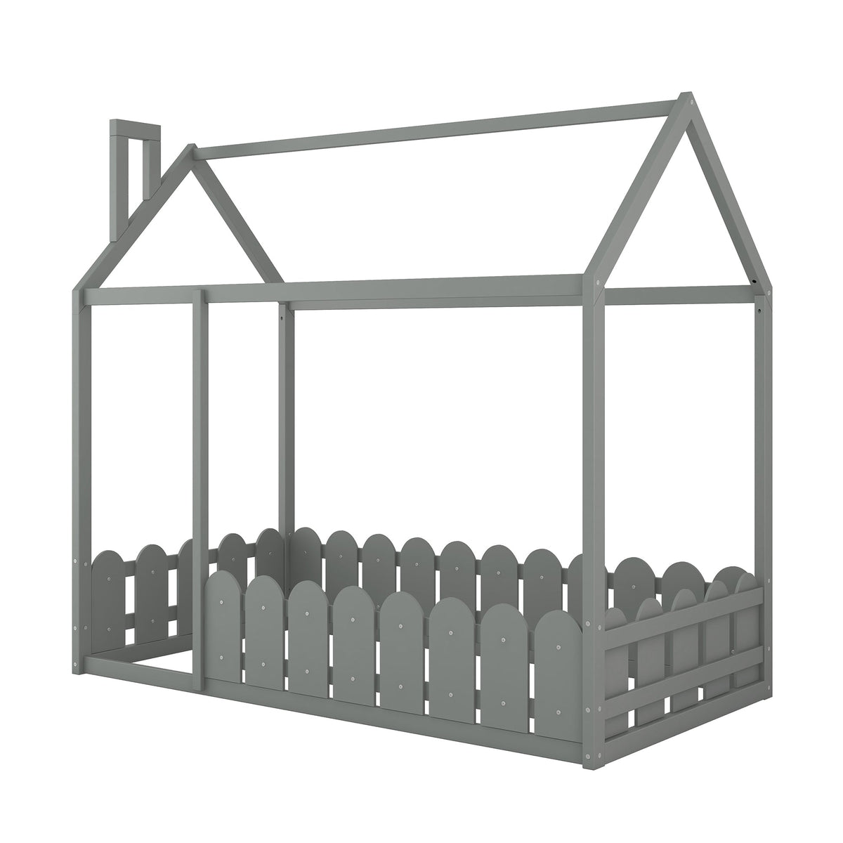 {Slats are not included}Twin Size Wood Bed House Bed Frame with Fence for Kids Teens Girls Boys {Gray} - B&B Forest Products