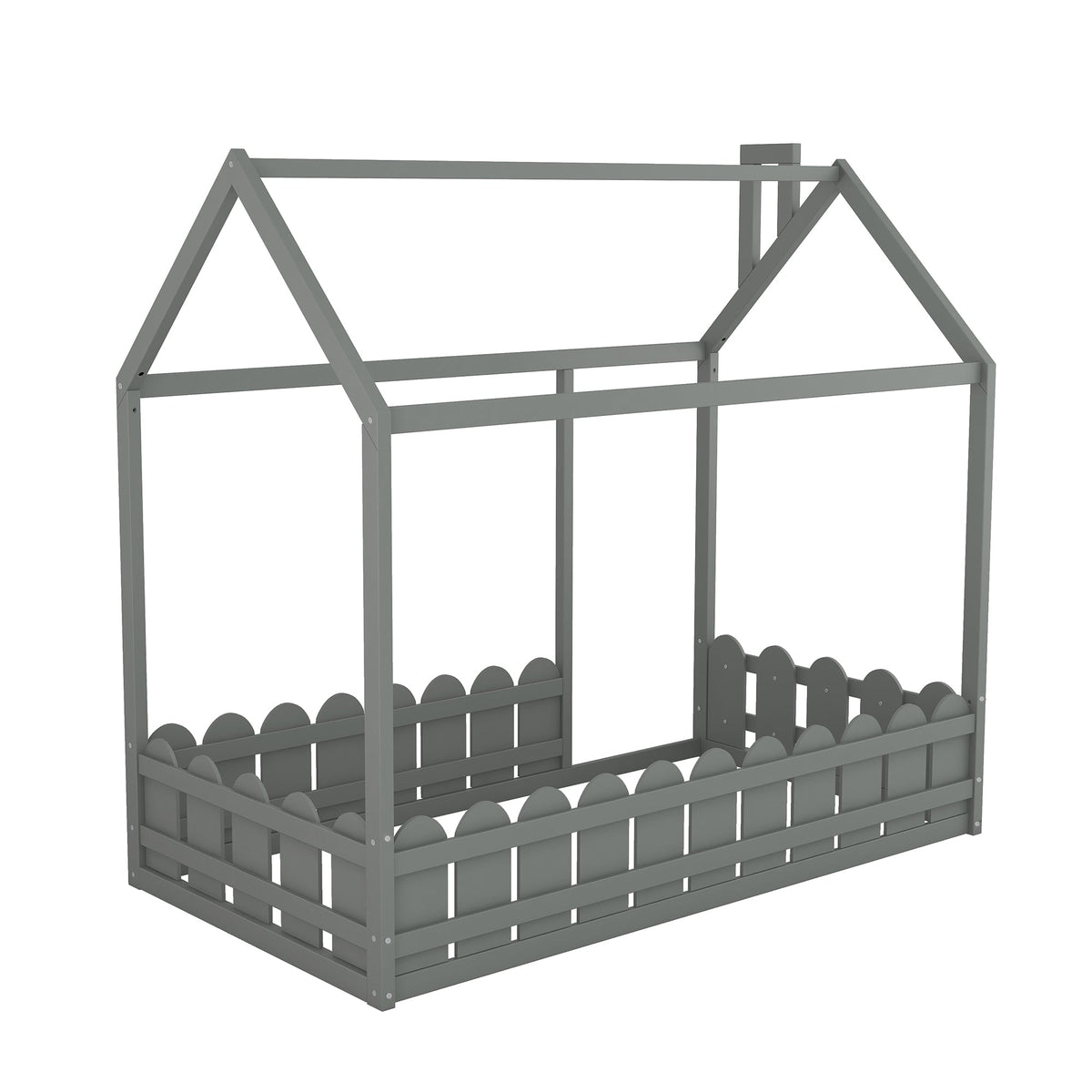 {Slats are not included}Twin Size Wood Bed House Bed Frame with Fence for Kids Teens Girls Boys {Gray} - B&B Forest Products