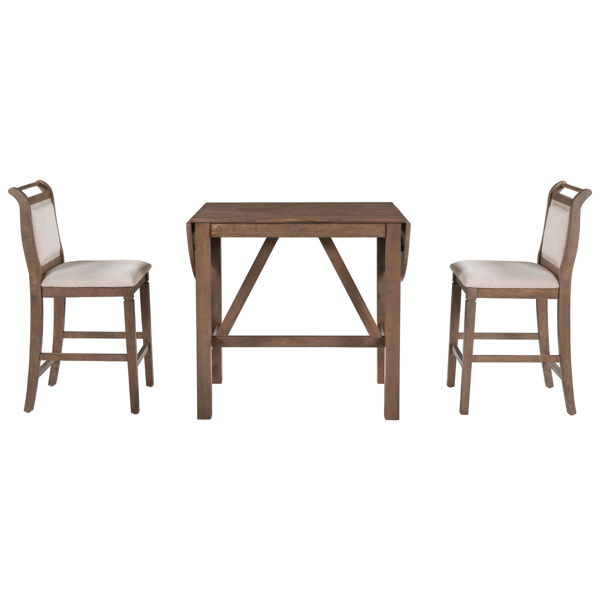 TOPMAX 3-Piece Wood Counter Height Drop Leaf Dining Table Set with 2 Upholstered Dining Chairs for Small Place, Brown - B&B Forest Products