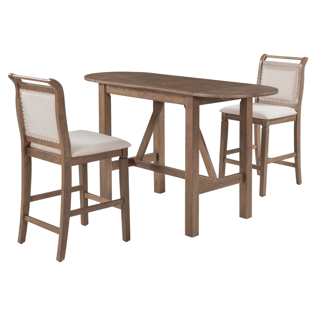 TOPMAX 3-Piece Wood Counter Height Drop Leaf Dining Table Set with 2 Upholstered Dining Chairs for Small Place, Brown - B&B Forest Products