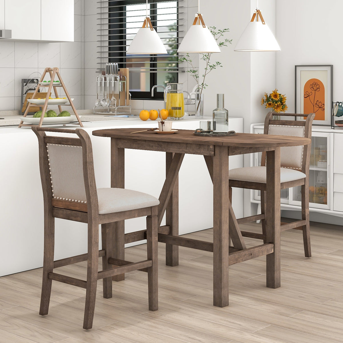 TOPMAX 3-Piece Wood Counter Height Drop Leaf Dining Table Set with 2 Upholstered Dining Chairs for Small Place, Brown - B&B Forest Products