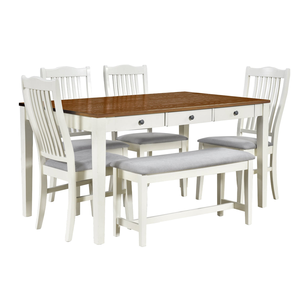 TOPMAX Mid-Century 6-Piece Wood Dining Table Set, Kitchen Table Set with Drawer Upholstered Chairs and Bench Butter Milk - B&B Forest Products