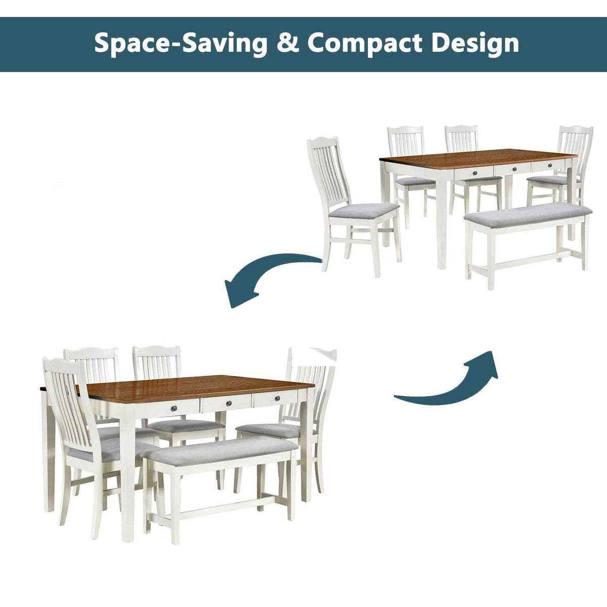 TOPMAX Mid-Century 6-Piece Wood Dining Table Set, Kitchen Table Set with Drawer Upholstered Chairs and Bench Butter Milk - B&B Forest Products