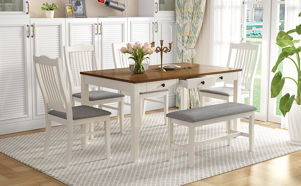 TOPMAX Mid-Century 6-Piece Wood Dining Table Set, Kitchen Table Set with Drawer Upholstered Chairs and Bench Butter Milk - B&B Forest Products