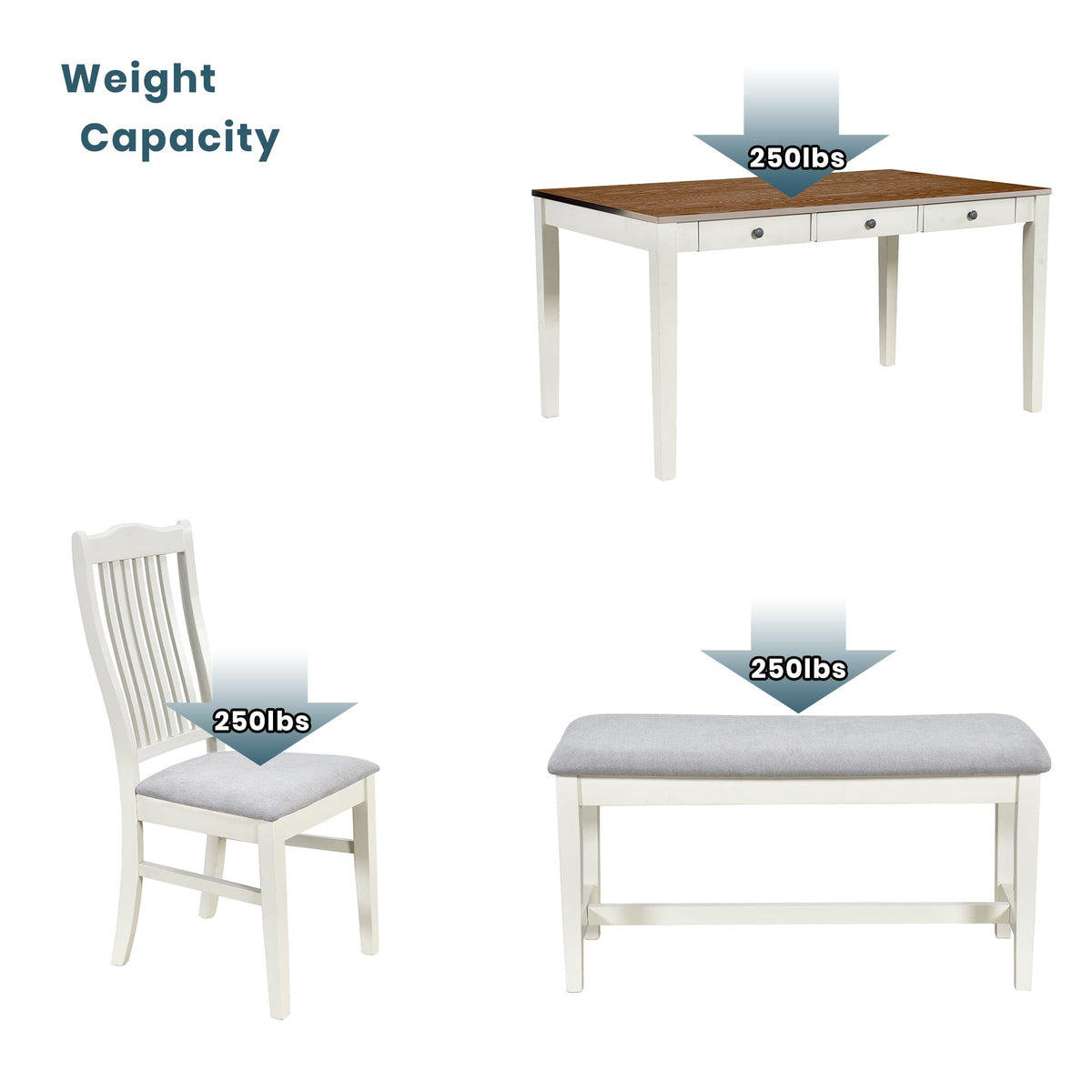 TOPMAX Mid-Century 6-Piece Wood Dining Table Set, Kitchen Table Set with Drawer Upholstered Chairs and Bench Butter Milk - B&B Forest Products