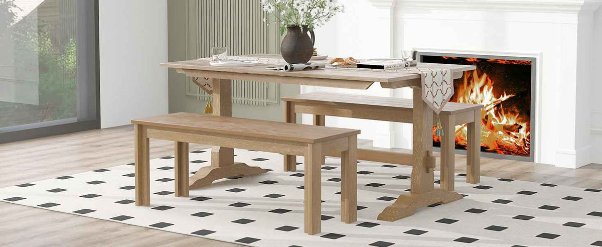 TREXM 3-piece retro dining table, rectangular stand table, and 2 4-person wooden stools (made of natural wood) - B&B Forest Products