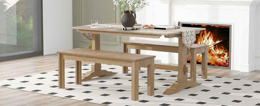 TREXM 3-piece retro dining table, rectangular stand table, and 2 4-person wooden stools (made of natural wood) - B&B Forest Products