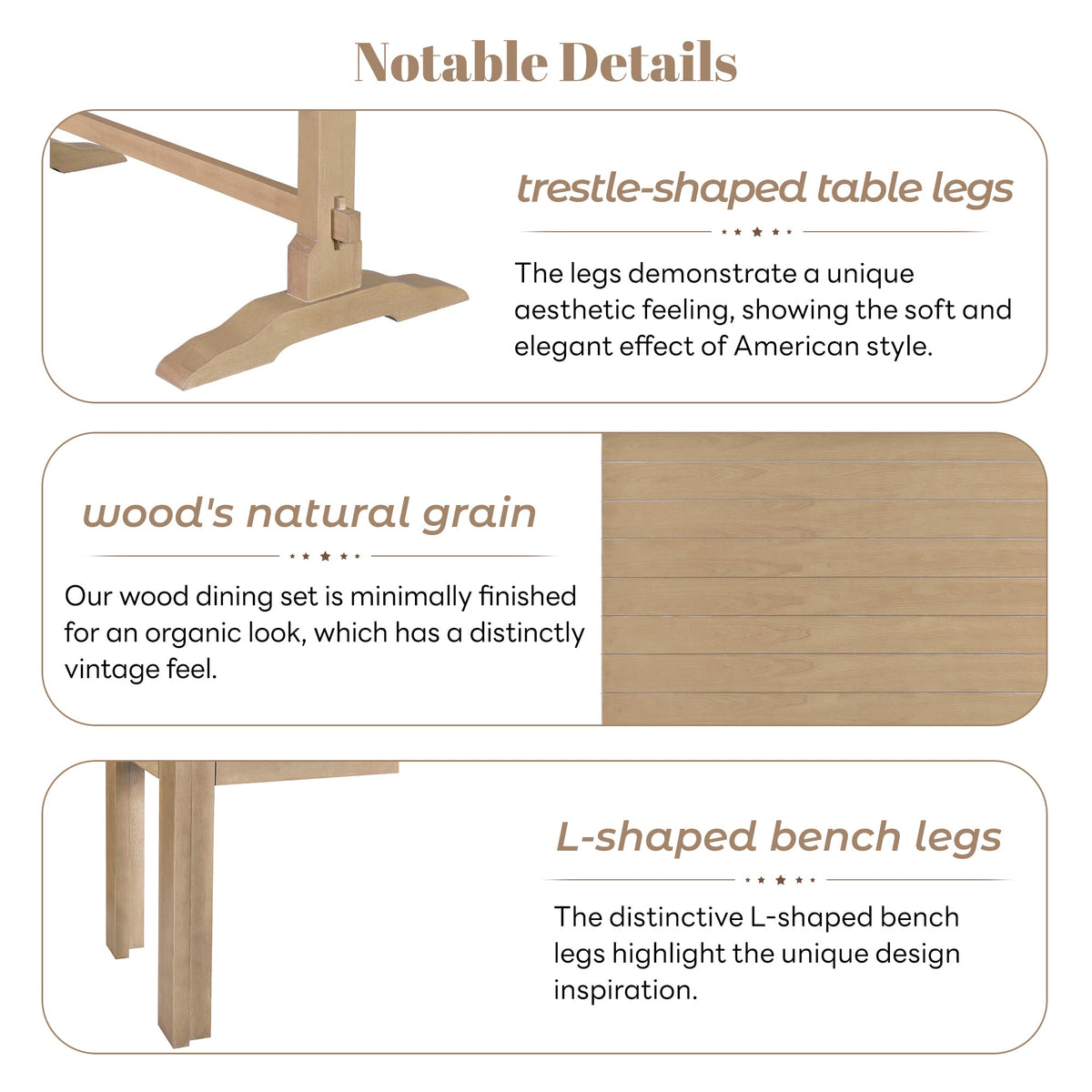 TREXM 3-piece retro dining table, rectangular stand table, and 2 4-person wooden stools (made of natural wood) - B&B Forest Products