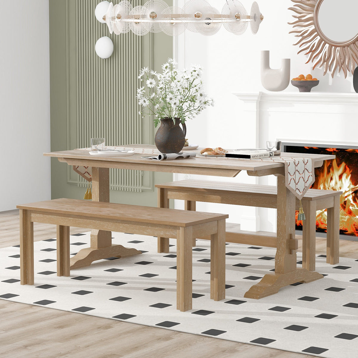 TREXM 3-piece retro dining table, rectangular stand table, and 2 4-person wooden stools (made of natural wood) - B&B Forest Products