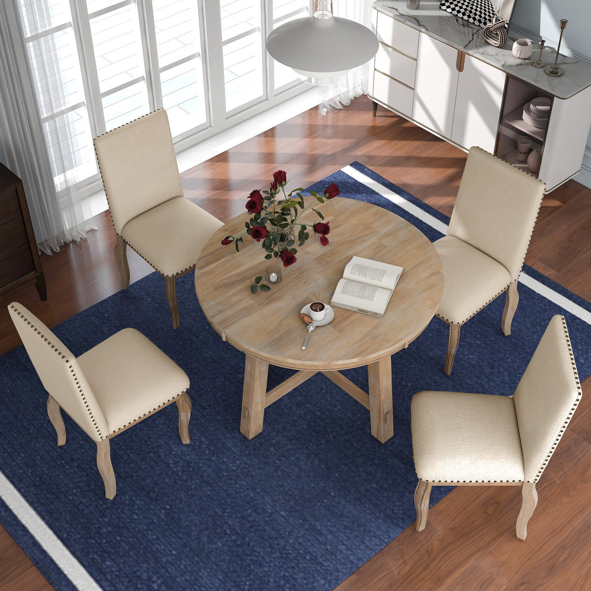 TREXM 5-Piece Farmhouse Dining Table Set Wood Round Extendable Dining Table and 4 Upholstered Dining Chairs (Natural Wood Wash) - B&B Forest Products