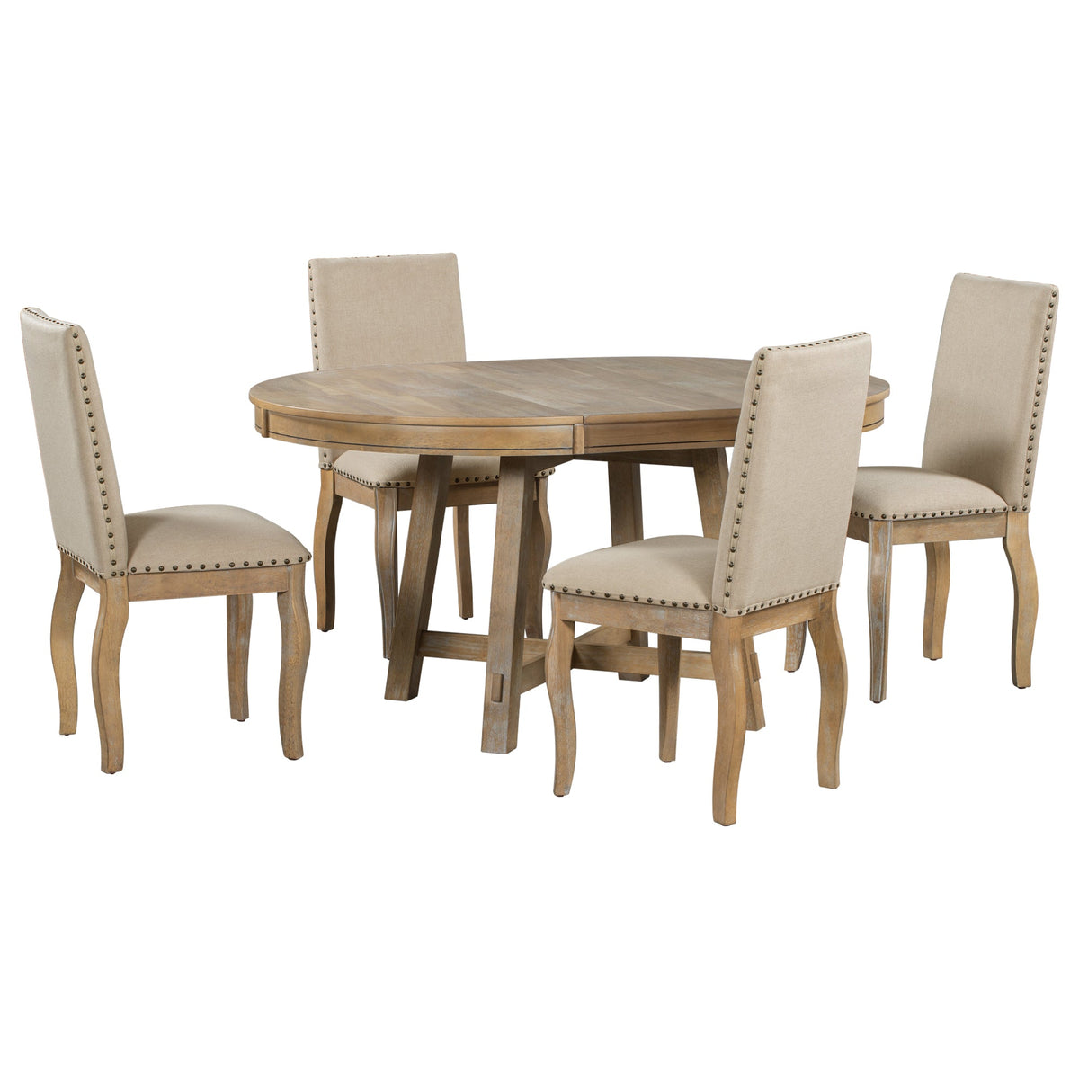 TREXM 5-Piece Farmhouse Dining Table Set Wood Round Extendable Dining Table and 4 Upholstered Dining Chairs (Natural Wood Wash) - B&B Forest Products