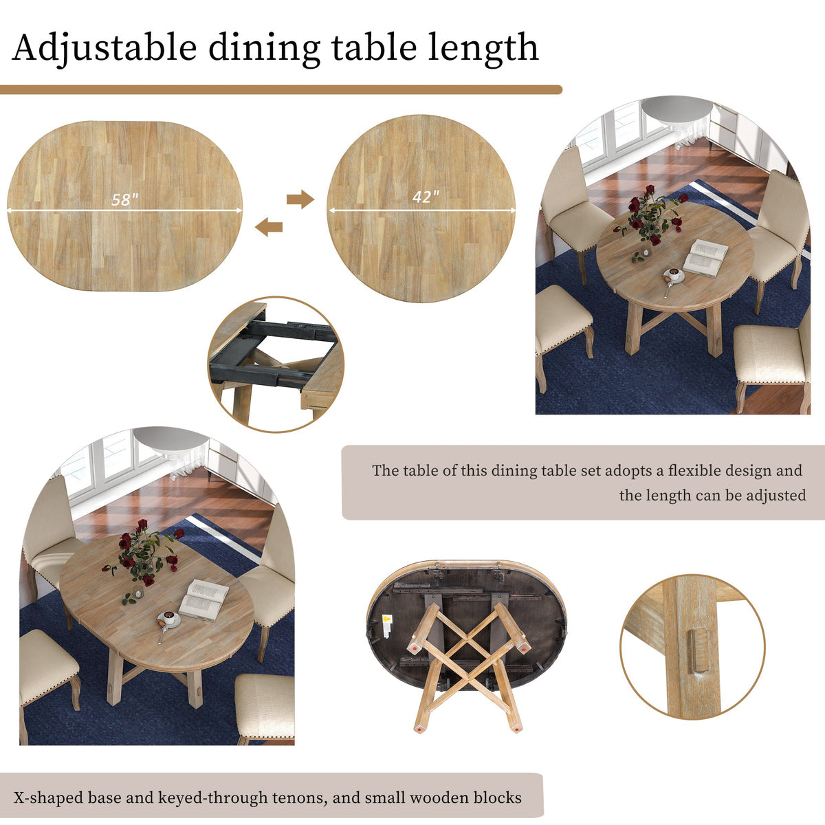 TREXM 5-Piece Farmhouse Dining Table Set Wood Round Extendable Dining Table and 4 Upholstered Dining Chairs (Natural Wood Wash) - B&B Forest Products
