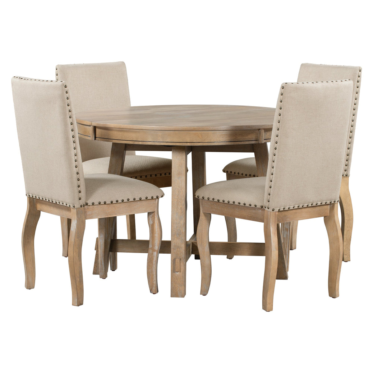 TREXM 5-Piece Farmhouse Dining Table Set Wood Round Extendable Dining Table and 4 Upholstered Dining Chairs (Natural Wood Wash) - B&B Forest Products
