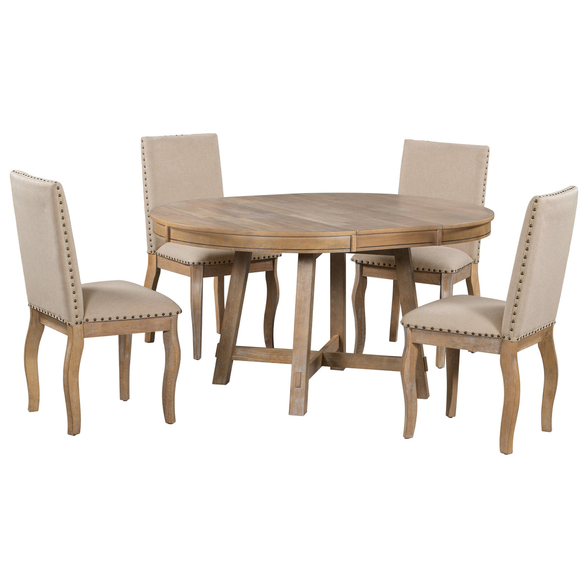 TREXM 5-Piece Farmhouse Dining Table Set Wood Round Extendable Dining Table and 4 Upholstered Dining Chairs (Natural Wood Wash) - B&B Forest Products