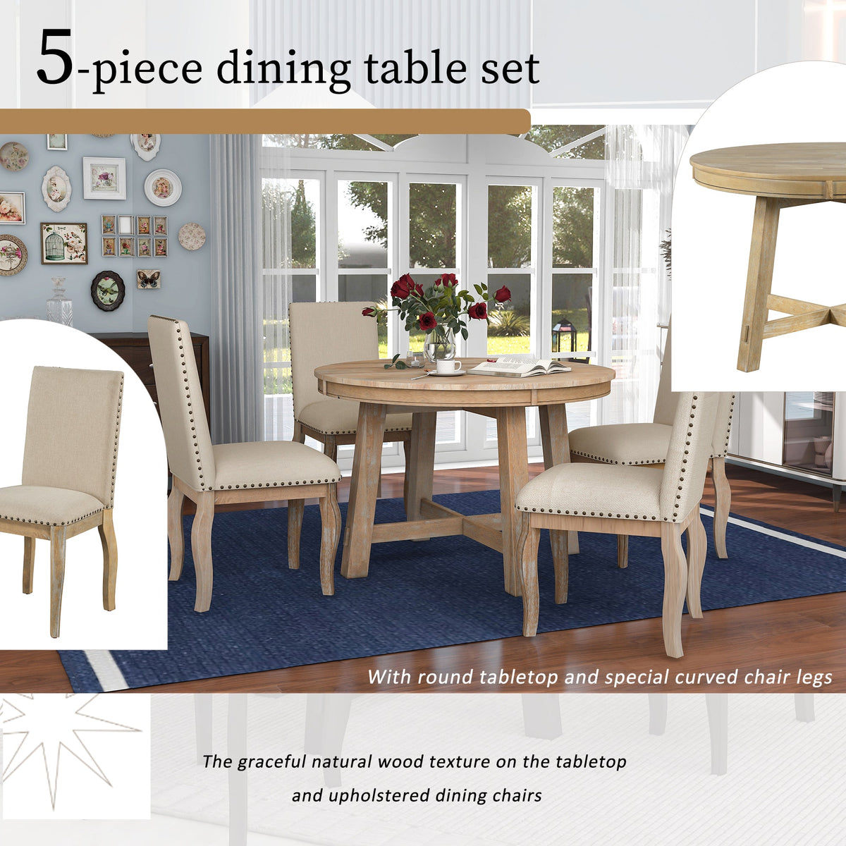 TREXM 5-Piece Farmhouse Dining Table Set Wood Round Extendable Dining Table and 4 Upholstered Dining Chairs (Natural Wood Wash) - B&B Forest Products