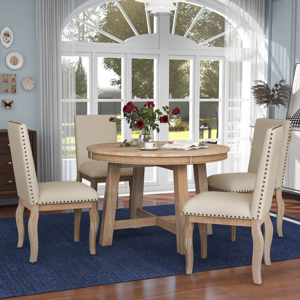 TREXM 5-Piece Farmhouse Dining Table Set Wood Round Extendable Dining Table and 4 Upholstered Dining Chairs (Natural Wood Wash) - B&B Forest Products