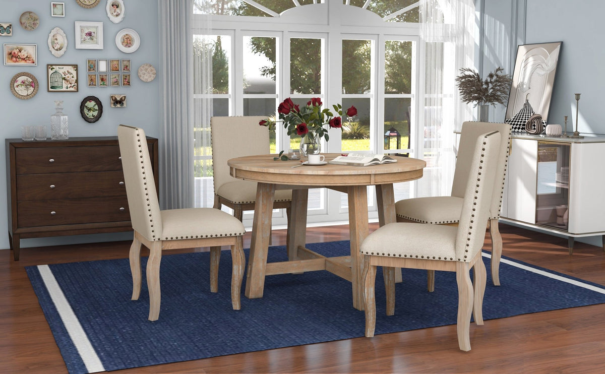 TREXM 5-Piece Farmhouse Dining Table Set Wood Round Extendable Dining Table and 4 Upholstered Dining Chairs (Natural Wood Wash) - B&B Forest Products