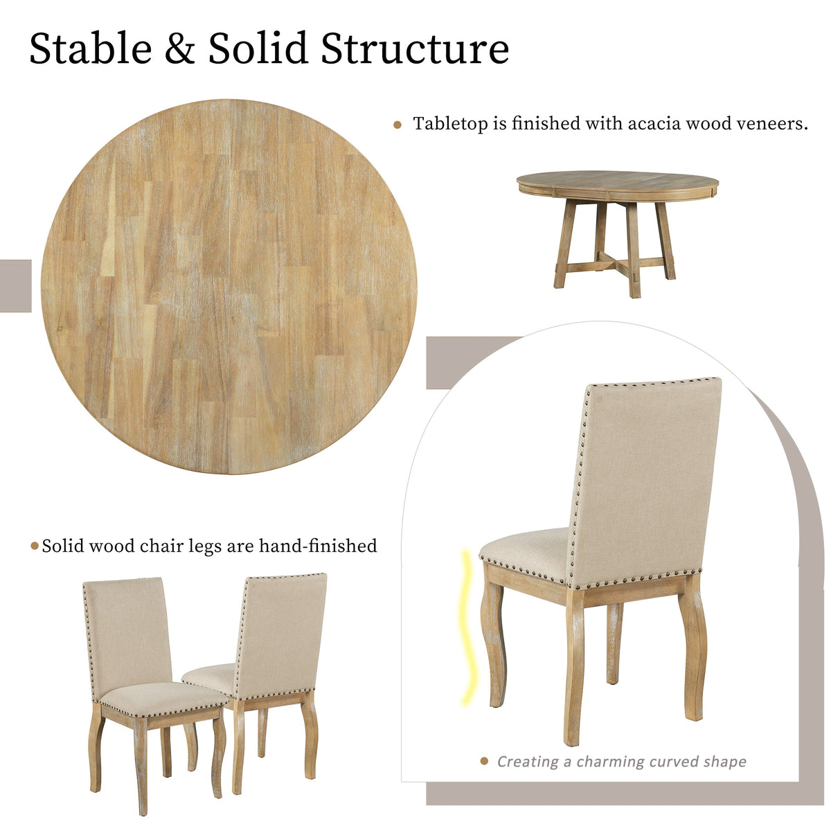 TREXM 5-Piece Farmhouse Dining Table Set Wood Round Extendable Dining Table and 4 Upholstered Dining Chairs (Natural Wood Wash) - B&B Forest Products