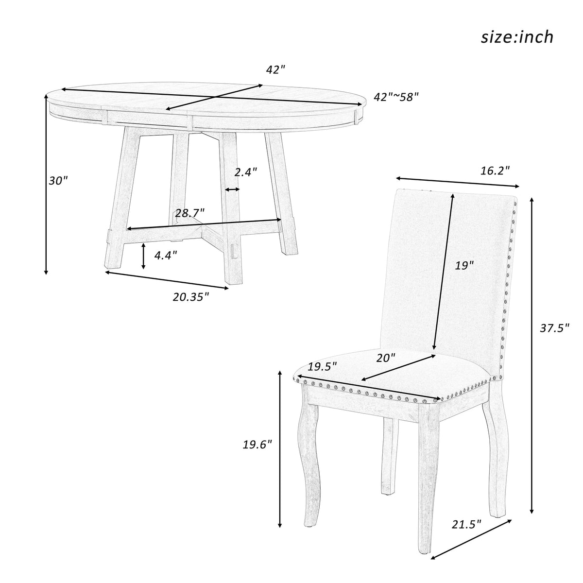 TREXM 5-Piece Farmhouse Dining Table Set Wood Round Extendable Dining Table and 4 Upholstered Dining Chairs (Natural Wood Wash) - B&B Forest Products
