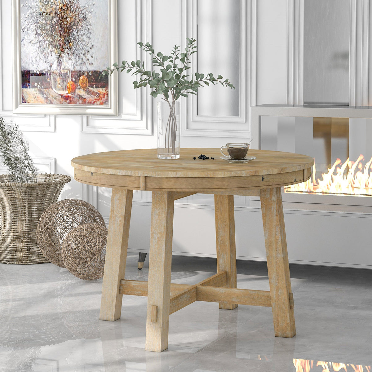 TREXM Farmhouse Round Extendable Dining Table with 16" Leaf Wood Kitchen Table (Natural Wood Wash) - B&B Forest Products