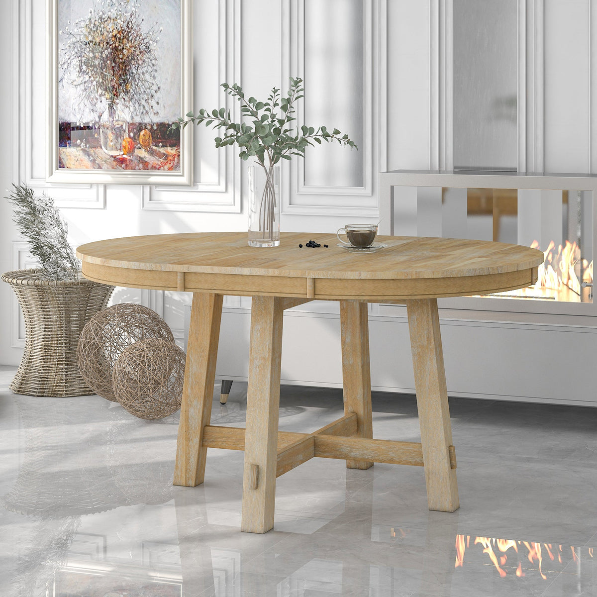 TREXM Farmhouse Round Extendable Dining Table with 16" Leaf Wood Kitchen Table (Natural Wood Wash) - B&B Forest Products
