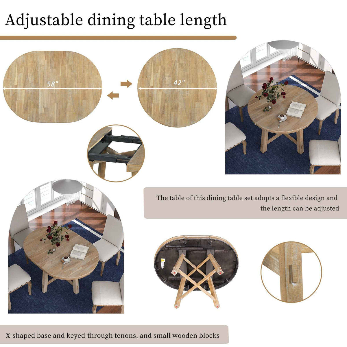 TREXM Farmhouse Round Extendable Dining Table with 16" Leaf Wood Kitchen Table (Natural Wood Wash) - B&B Forest Products